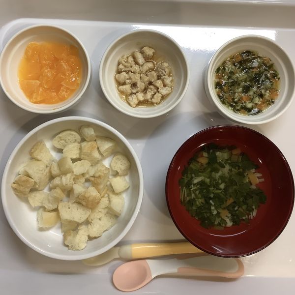 鶏肉団子の煮物スープに畑の小松菜が入っています。離乳食後期