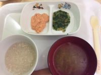 鶏肉かゆ、鮭の煮付け、小松菜とにんじん煮、スープ（畑の小松菜、にんじんが入っています） 離乳食中期