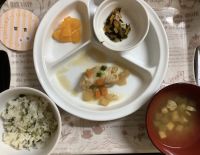 菜飯、大根と白身魚のしょうが煮、ひじき煮、みそ汁常食畑の大根の葉、なすが入っています。