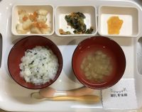 菜飯、大根と白身魚の煮付け、ひじき煮、みそ汁離乳食後期畑の大根の葉、なすが入っています。