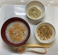 鶏ひき肉と大根粥、野菜とささみ煮、バナナ離乳食中期